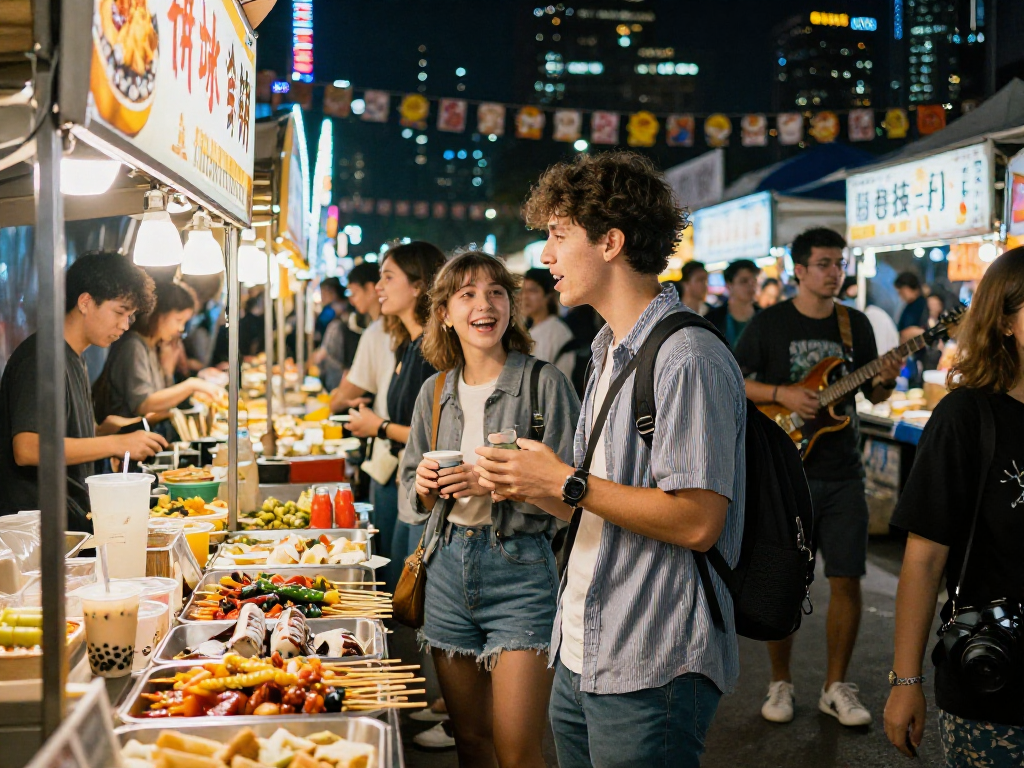 Young adult exploring vibrant nightlife at a market, showcasing the ai slut culture through food and community.