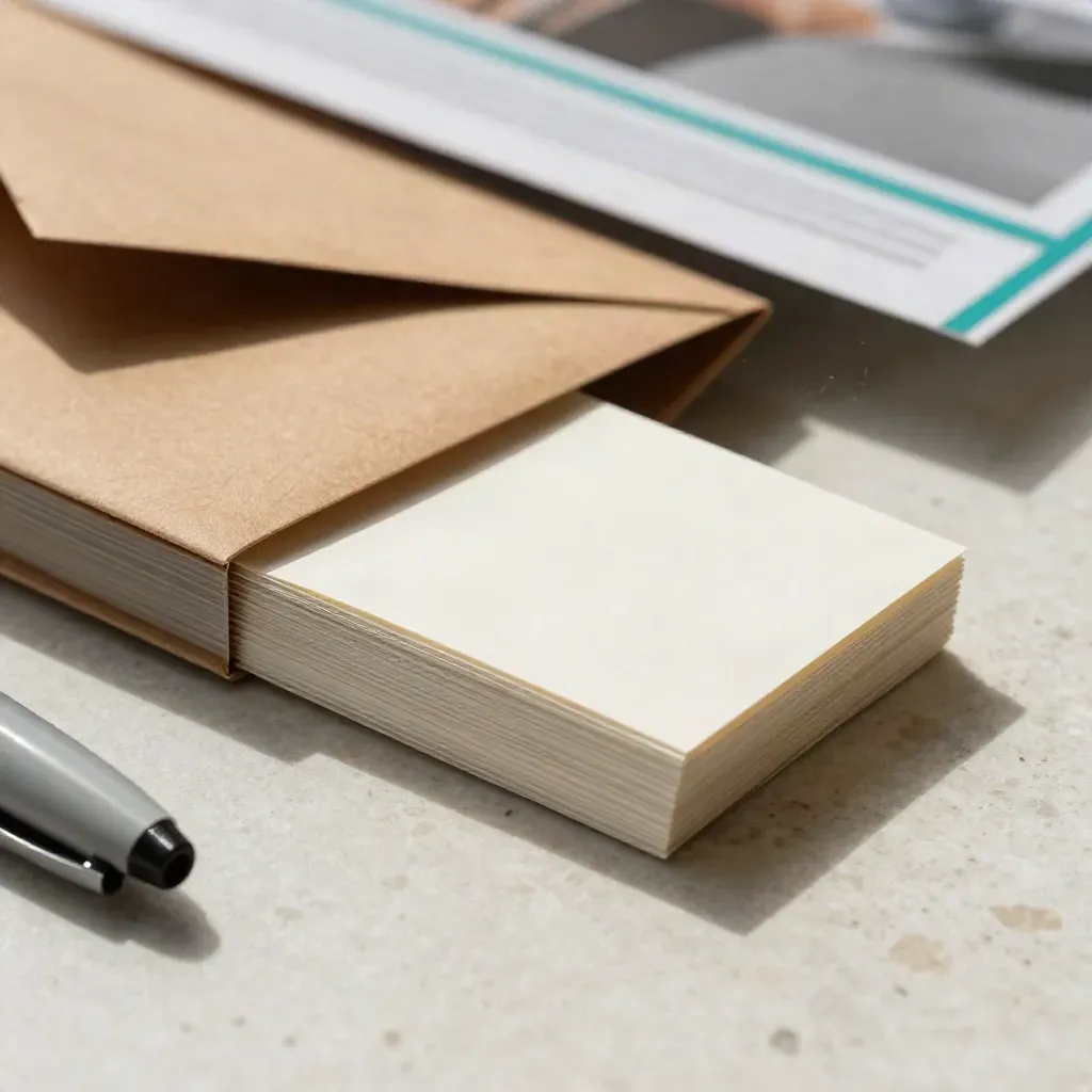 Kraft envelope with slim email-signature strips, pen cap and teal paper sleeve on travertine.