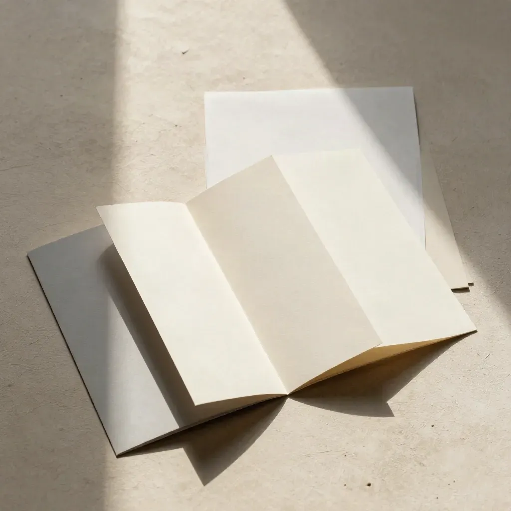 Overhead brochure set fanned on warm plaster with soft sunlight and shadow.