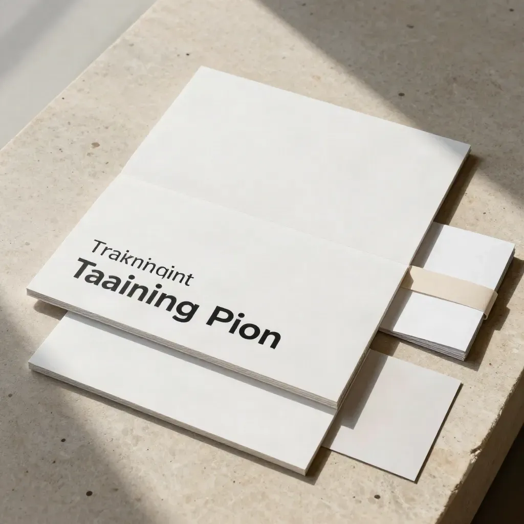 Overhead flatlay of widescreen slide boards, booklet and backing card on warm limestone.