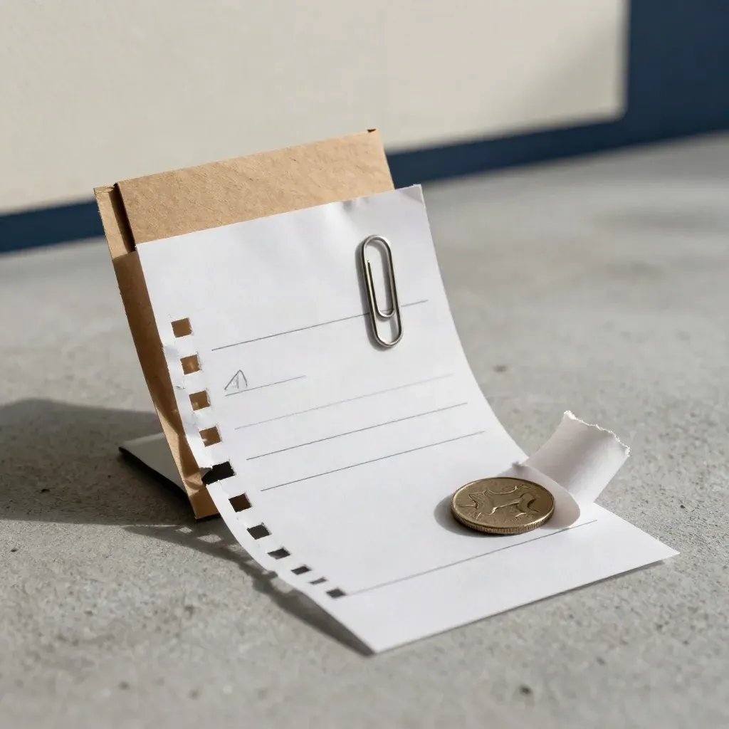 Receipt pad with torn sheet, paper clip and kraft sleeve on concrete in soft daylight