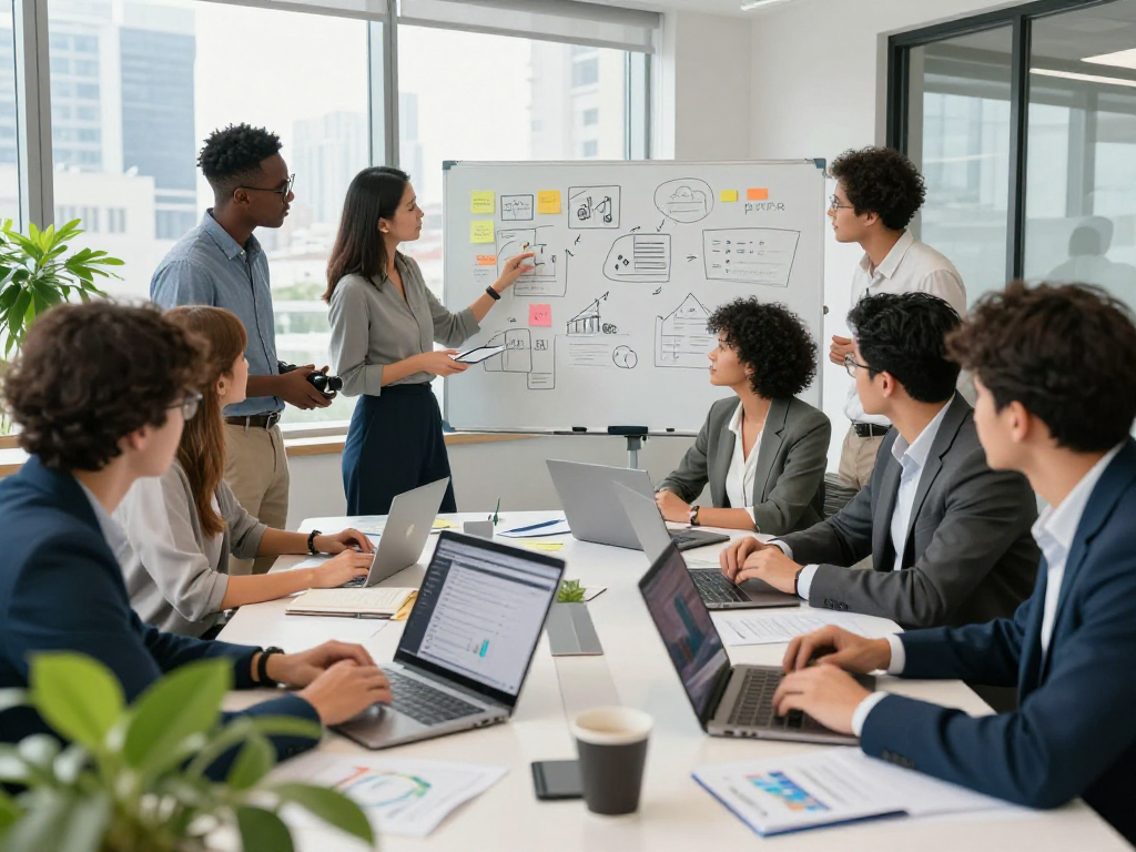 Companies collaborating in a vibrant office environment, showcasing teamwork and innovation.